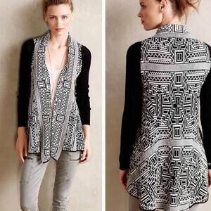 Anthropologie Field Flower Cardigan Sweater Stamped Jacquard Black White XSP